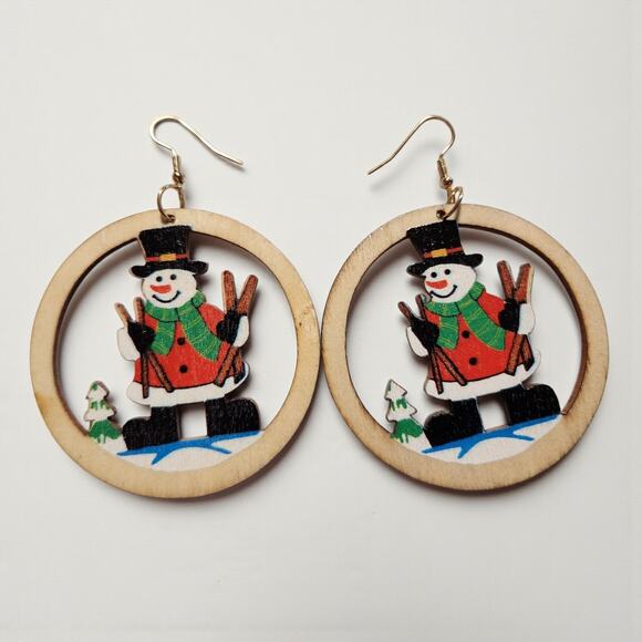 Round Wood Snowman Earrings Christmas Holiday Lightweight 2.3x3.2" - Picture 6 of 8